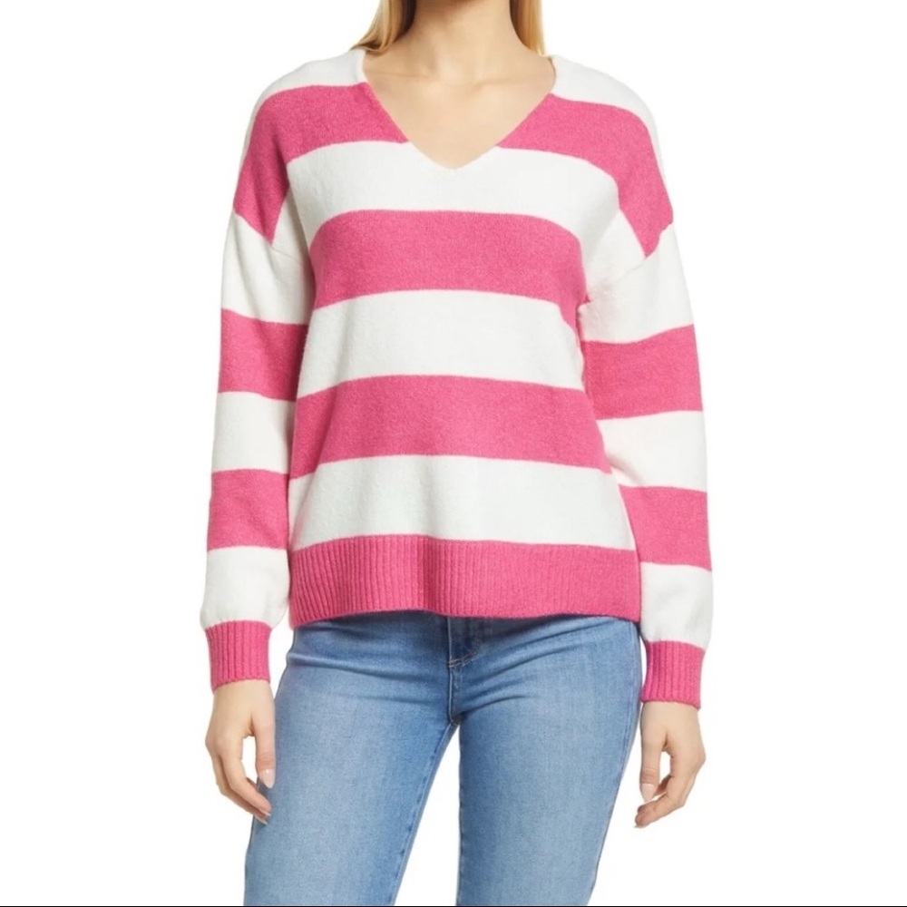 NWT Vince Camuto LEGACY PINK Women's Cozy V-Neck Striped Sweater Size S